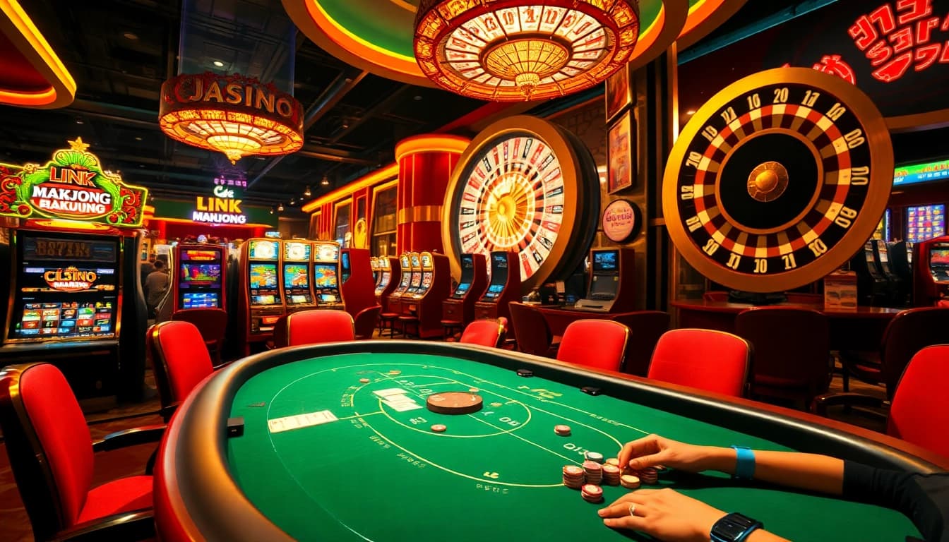 Engage in the thrill of Link Mahjong amidst a vibrant casino atmosphere, showcasing dynamic gaming action and luxurious settings.