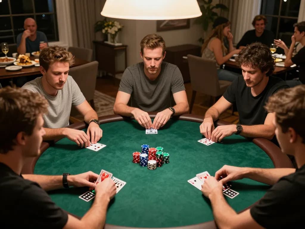 Engaging poker game at home highlighting nhà cái 388bet poker strategies with friends.