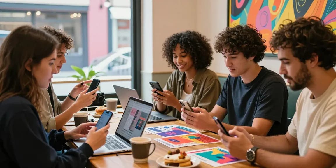 Collaborative urban scene with influencers at a café representing influencer marketing agency kl, engaging with social media while enjoying pastries.