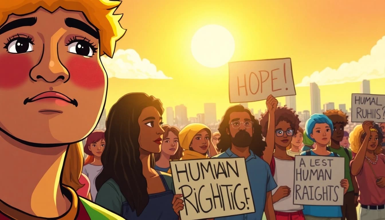 Activists passionately advocating for Human Rights with vibrant signs, showcasing unity and hope.