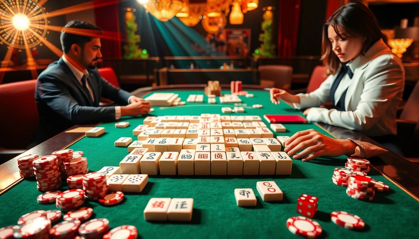 Terlibat dalam strategi Link Mahjong dikelilingi elemen kasino yang hidup dan penuh semangat.