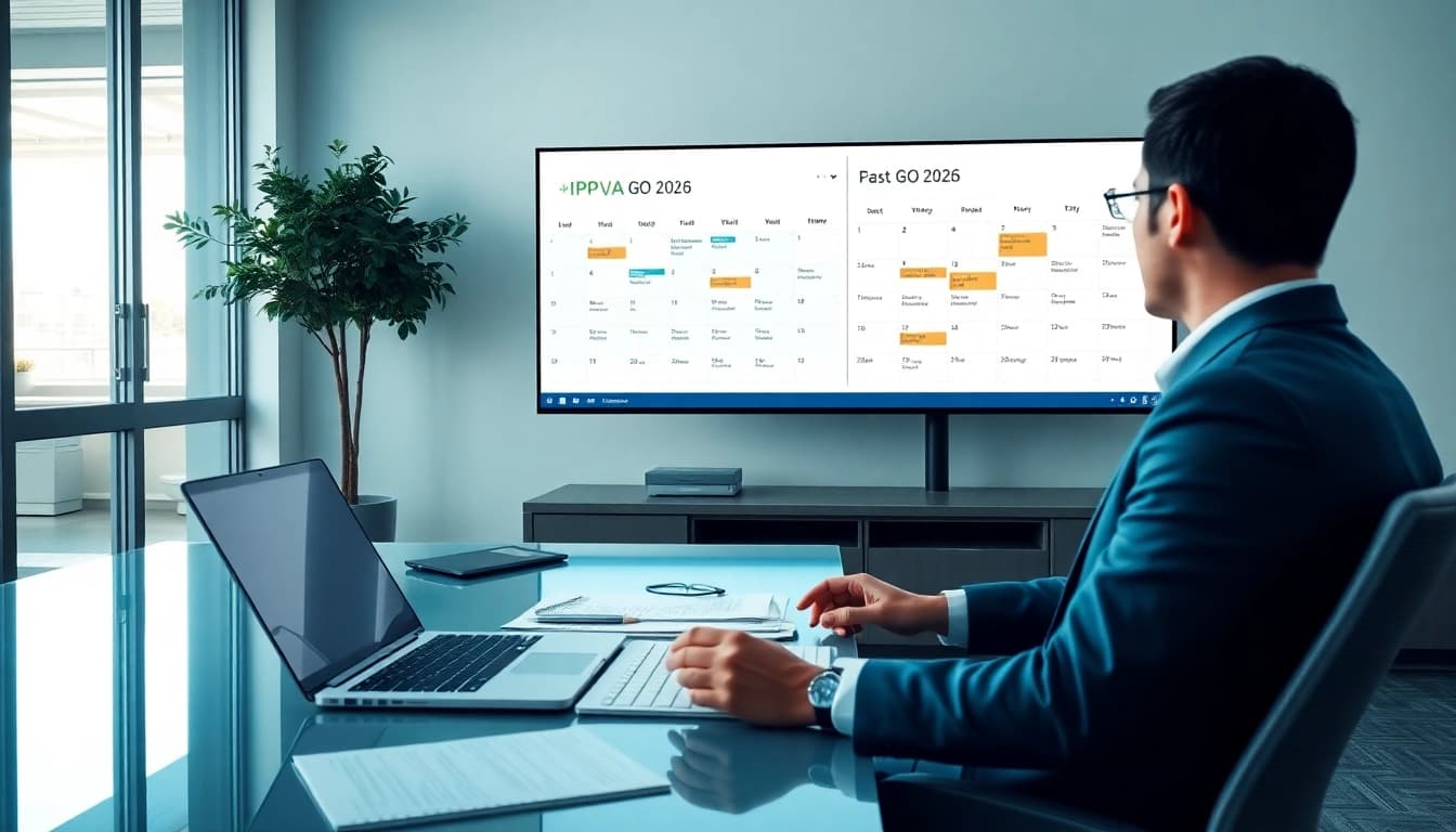 Professional checking the IPVA GO 2026 calendar on a digital screen in a modern office setting.