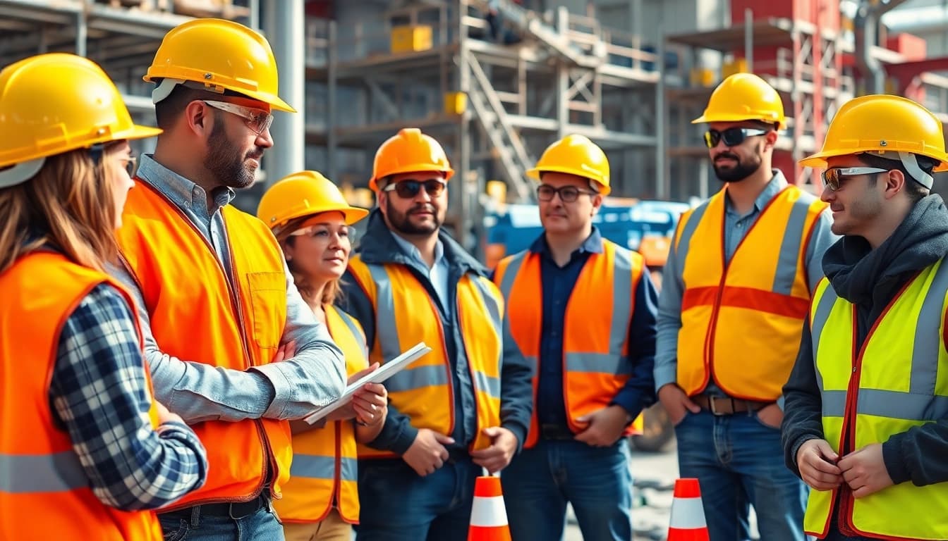 Highlighting construction safety programs with workers engaged in safety protocols on-site.