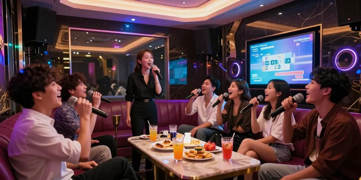 Strong group of friends enjoying 강남가라오케 with vibrant lights and premium drinks in an upscale private room