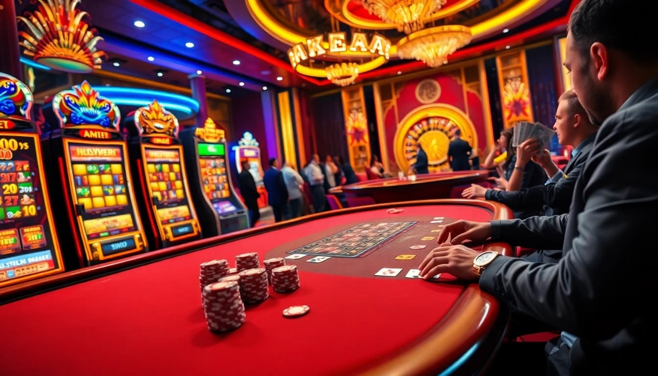 Pemain poker Aneka4d terlibat dalam aksi taruhan tinggi di meja kasino yang penuh warna.