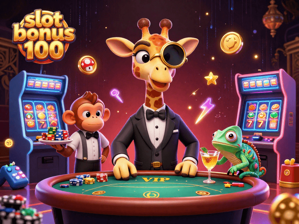 Experience the thrill of slot bonus 100 with a high-roller giraffe at a vibrant casino scene.