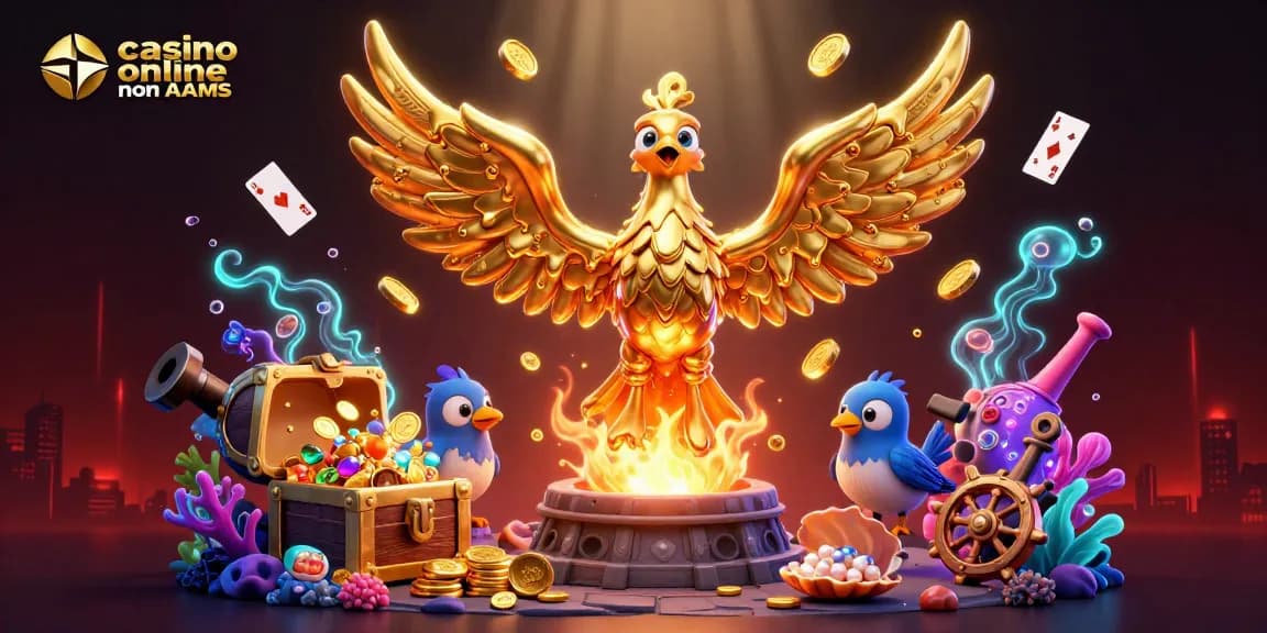 Scopri il mondo dei casino online non AAMS con un'illustrazione 3D di un'aquila dorata che sprigiona monete d'oro.
