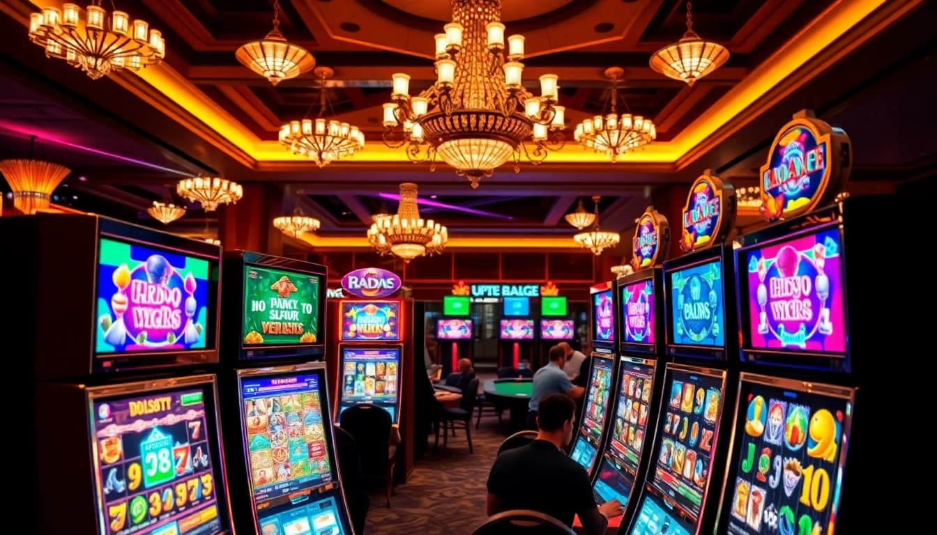 Menampilkan slot online di mesin kasino yang berwarna-warni dan penuh aksi dengan pemain yang bersemangat.