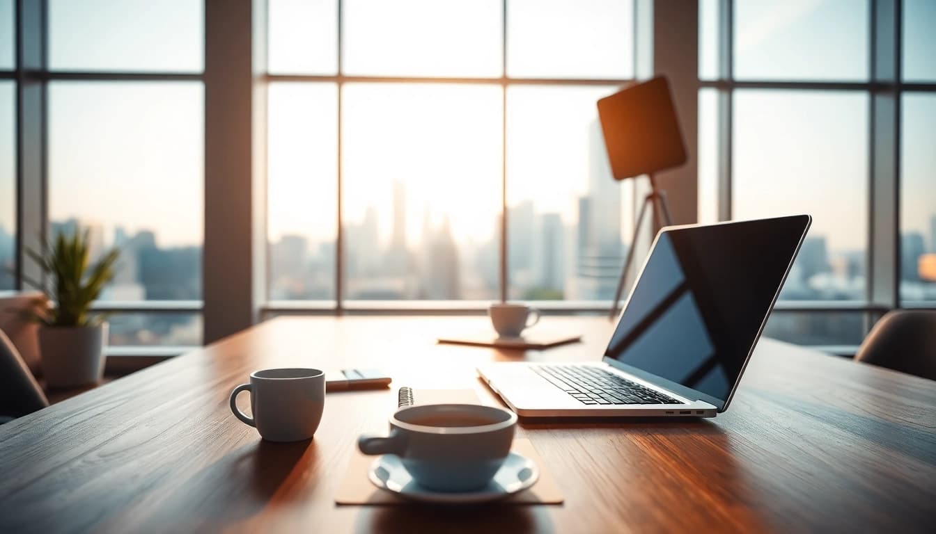 Creating dynamic content at https://www.todayville.com workspace with laptop and skyline view.