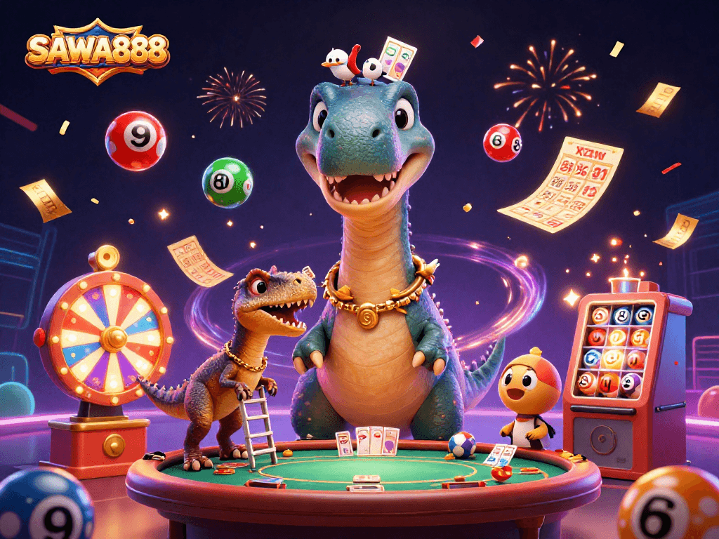 Join the fun at SAWA888, featuring a vibrant 3D scene with a dinosaur card dealer and dynamic lottery elements.