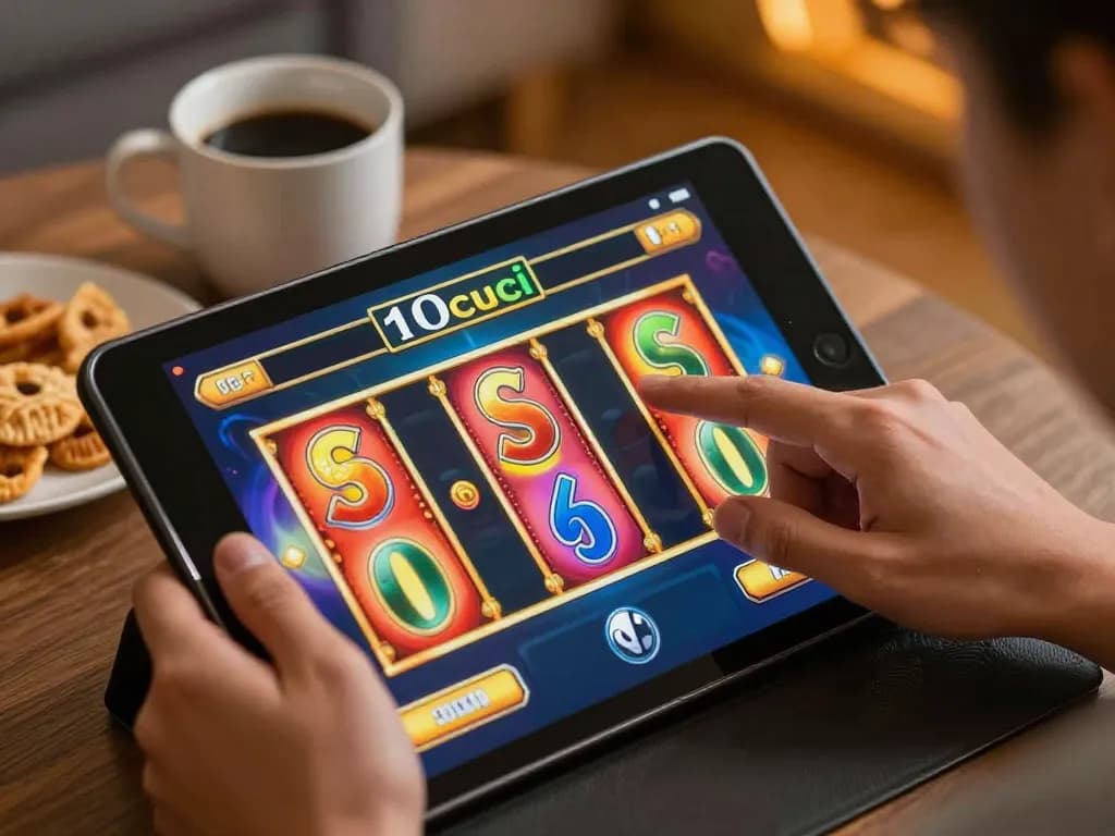 Engaging in 100cuci login while enjoying a vibrant online slots game on a tablet.