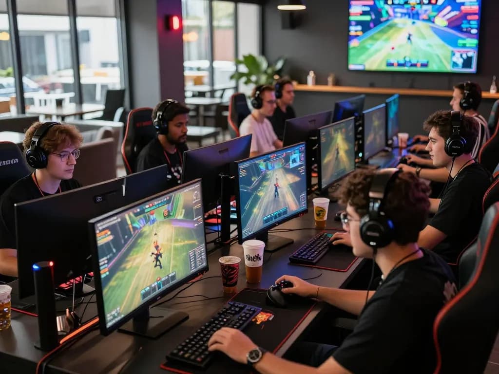 Exciting online gaming scene at gaming lounge featuring go88 players immersed in multiplayer action.