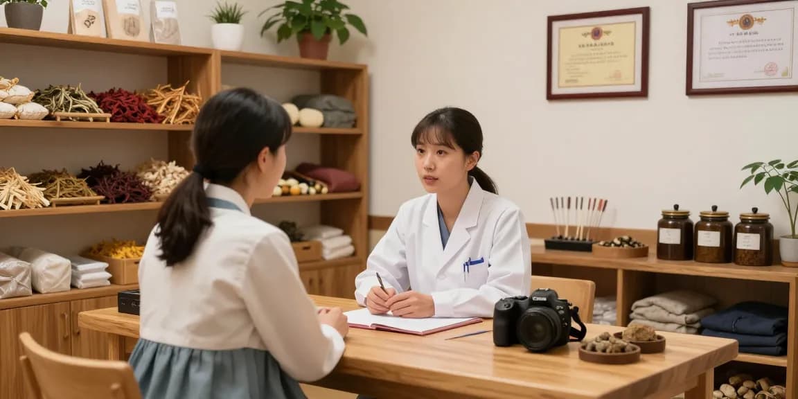 Consultation at 영통한의원 highlighting traditional herbal treatments and patient care.