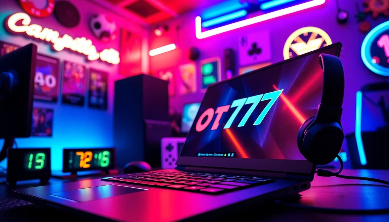Slot77 menciptakan suasana gaming yang menarik dengan perangkat modern dan pencahayaan neon.