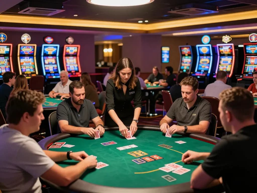 Players engaged in w 88 action at an upscale casino, enjoying a lively poker game full of excitement.