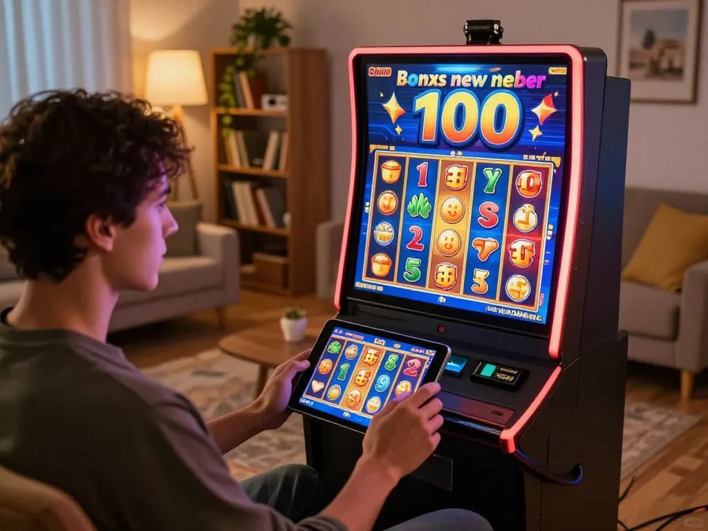 Engaged player enjoying slot bonus new member 100 on a tablet in a cozy home setting, highlighting online gaming excitement.