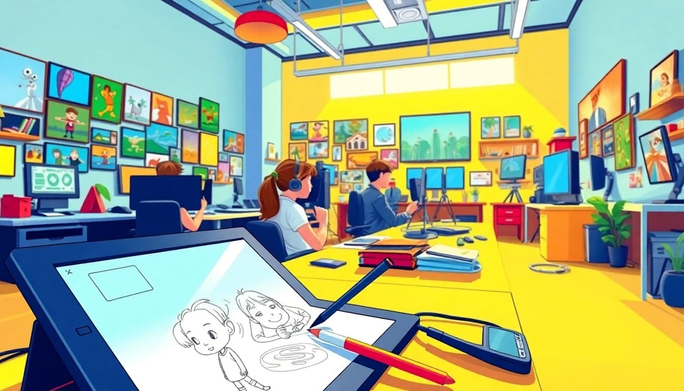 Aktive Animatoren erstellen 2D Animationen in einem kreativen Studio.