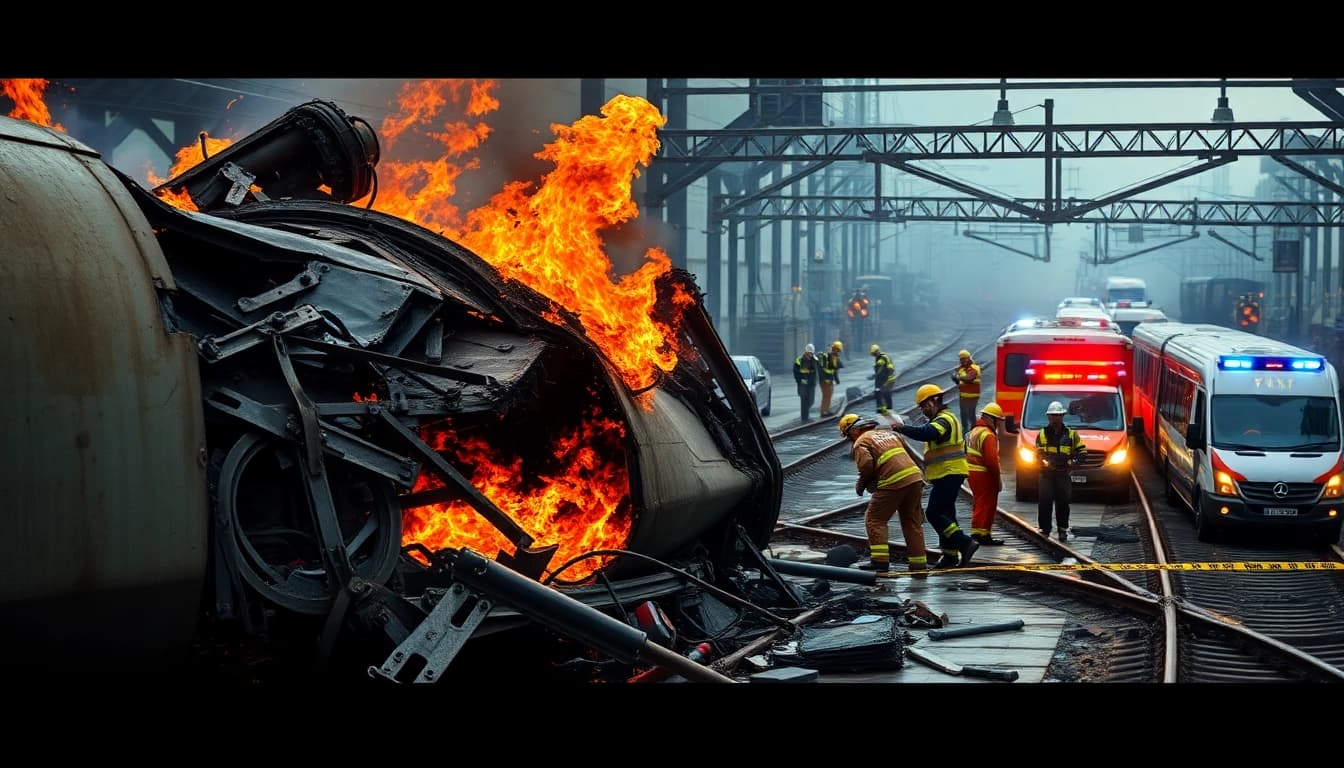 spain train crash wreckage with emergency responders at a busy station.