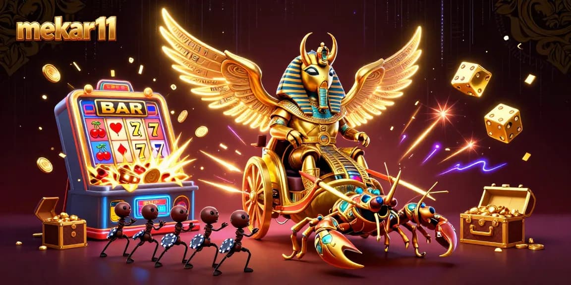 Spin to win at mekar11 with vibrant 3D illustrations showcasing casino games and slot elements.