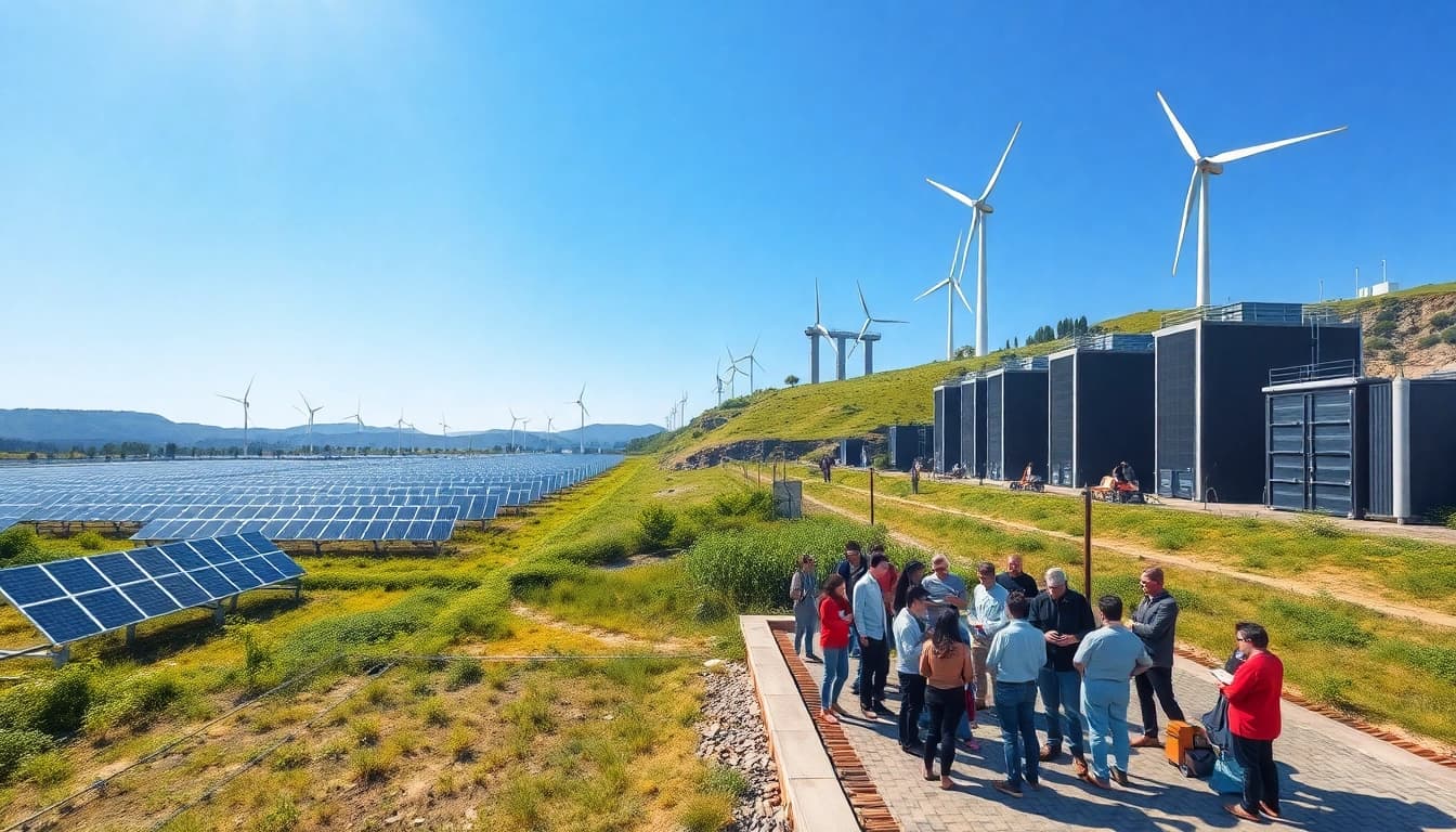 Free cloud mining farm with solar panels, wind turbines, and diverse people engaging with technology.