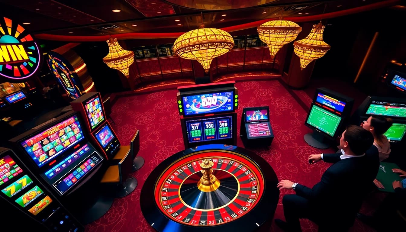 MABAR88 Menang ditampilkan dalam adegan kasino yang hidup dengan mesin slot dan kegembiraan permainan online.