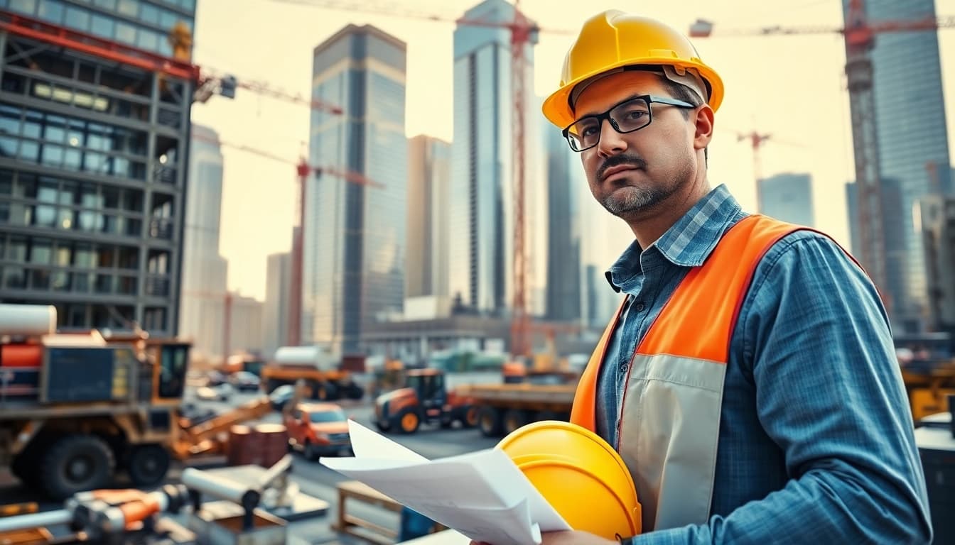 New York Construction Manager supervising a busy construction site in NYC.