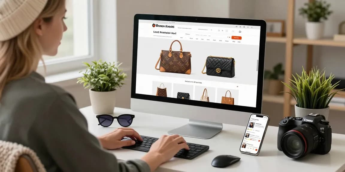 Browsing high-quality 레플리카 사이트 for premium replica products in a stylish workspace.