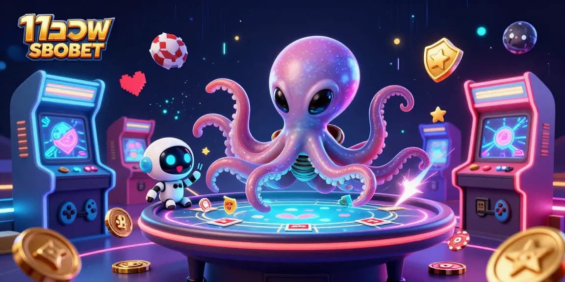 Engage in thrilling แทงบอล SBOBET action with a vibrant 3D scene featuring a space octopus and exciting games.