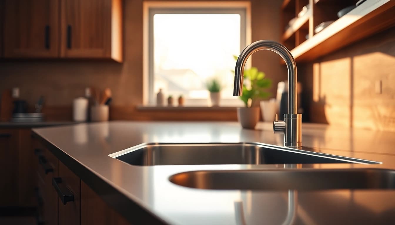 Elegant stainless steel kitchen sink near me featured in a modern kitchen setting, showcasing polished surfaces.