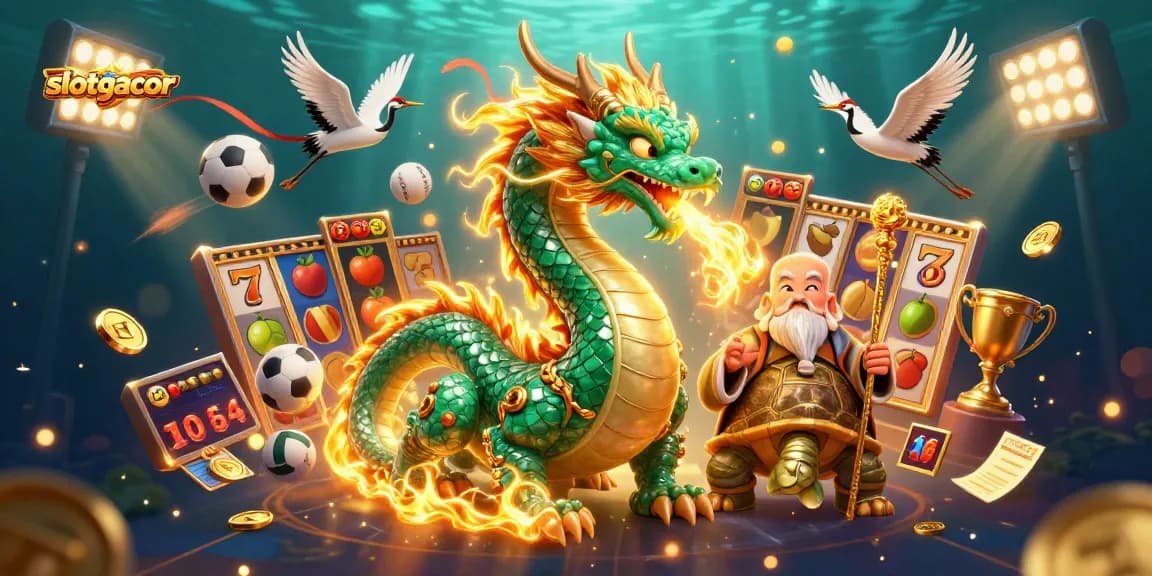 slotgacor players enjoying thrilling slot games with a jade dragon and cartoon sage