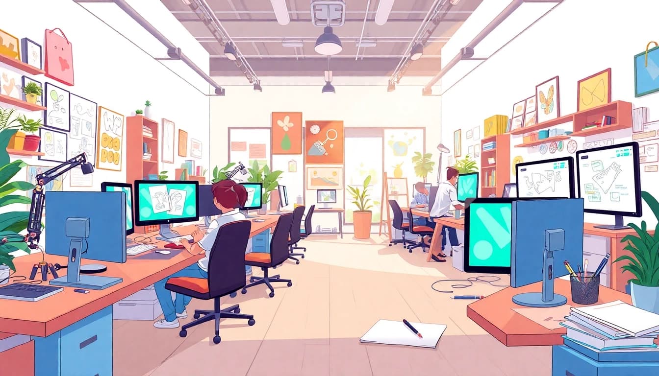Animation Erstellen im kreativen Studio mit Künstlern und Computern.
