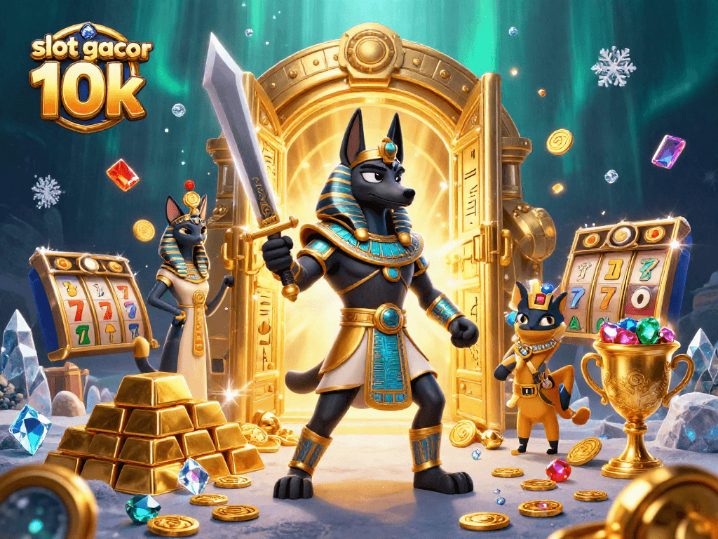 Engage with slot gacor 10k in an ultra-detailed 3D casino scene with Anubis and Bastet.