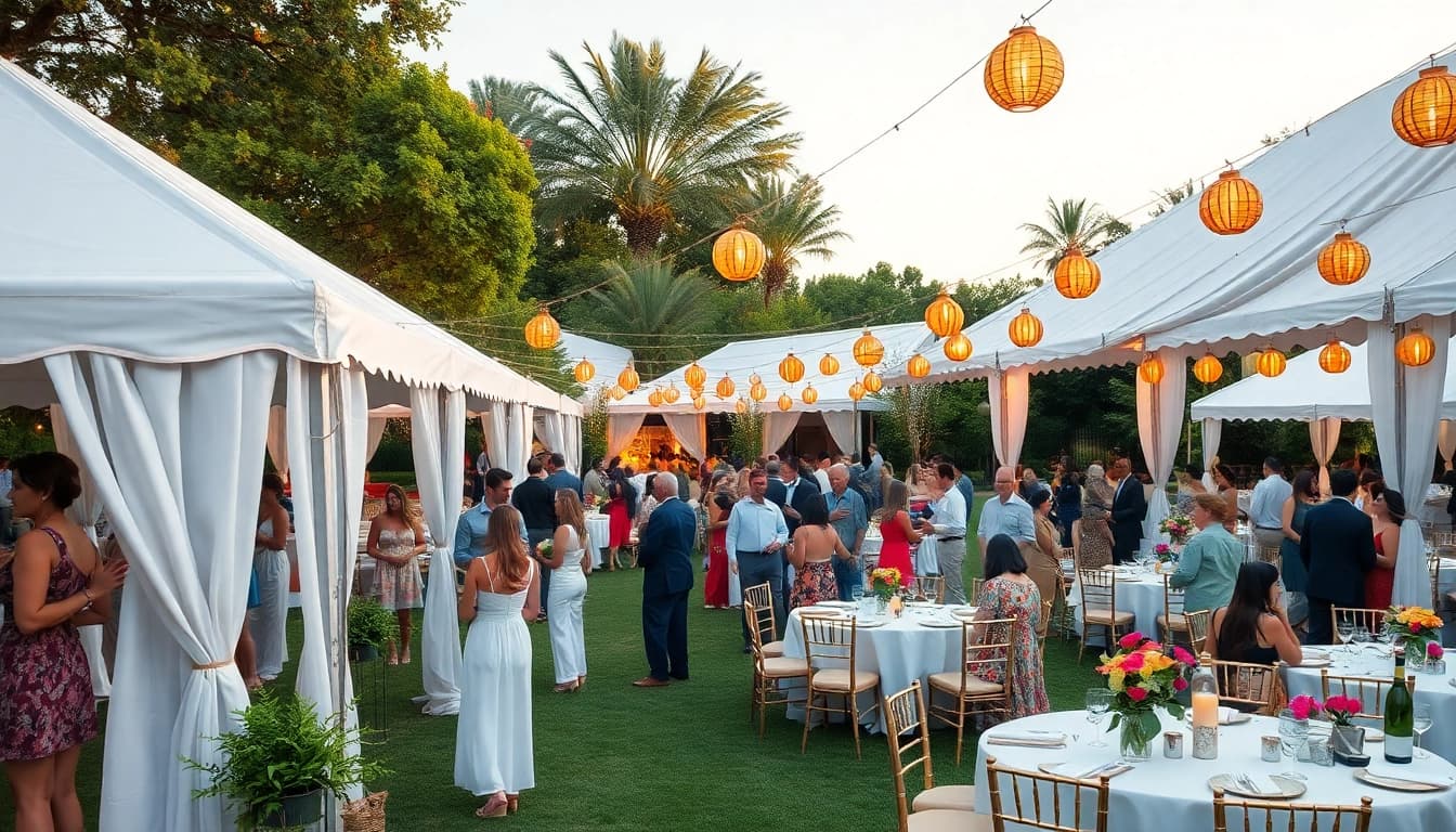 A joyful event showcasing diverse Tent Rentals surrounded by lush greenery and decorations.