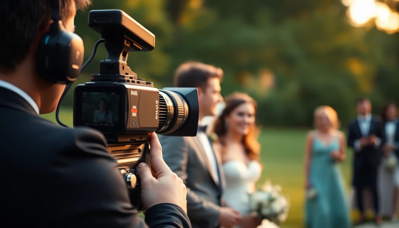 Engaging shot of professional videographers in toronto capturing a wedding moment outdoors.