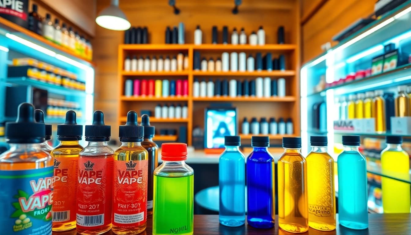 Showcase of premium products at Vape Juice Depot with colorful e-liquids and vape devices.