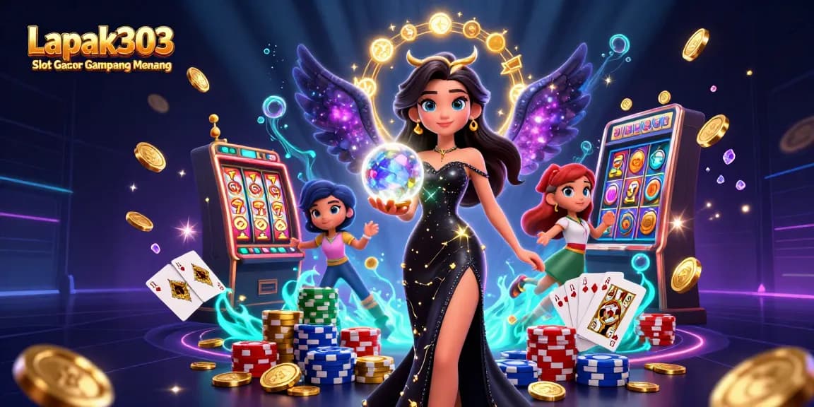 Win big with Lapak303 Slot Gacor Gampang Menang, featuring 3D characters and vibrant casino elements.
