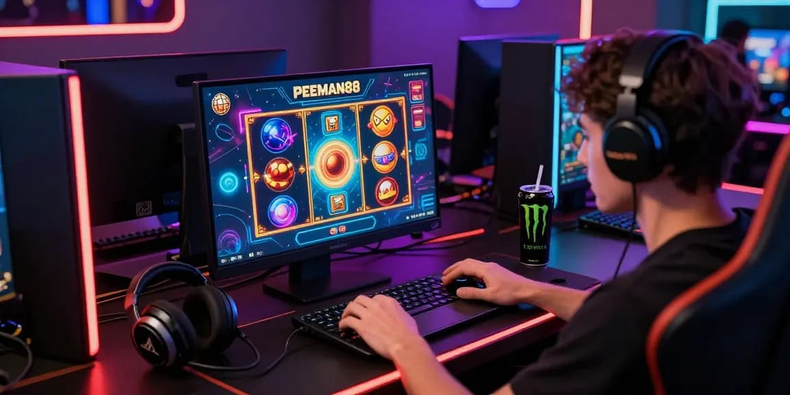 Player enjoying spaceman88 online gaming experience in a modern room filled with vibrant visuals and gaming gear.