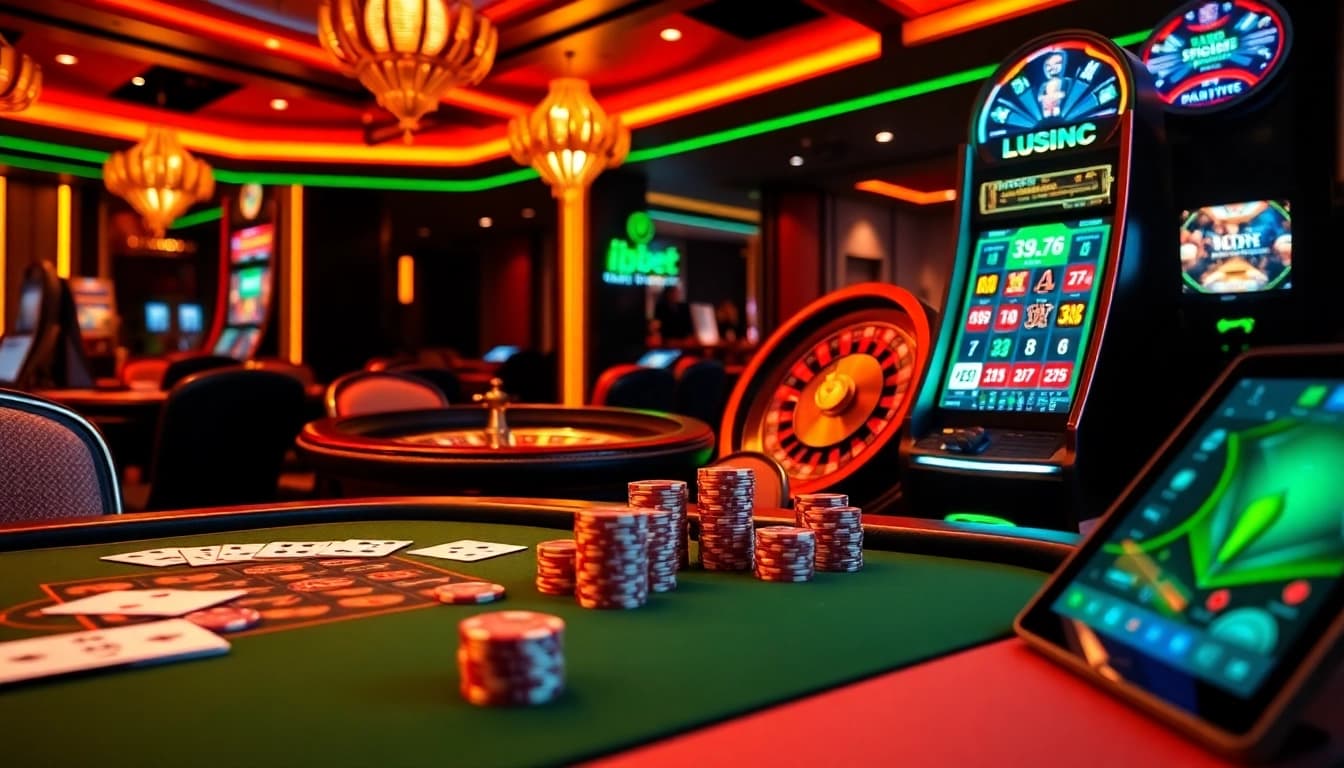 Experience the thrill of winning at i9bet with vibrant casino visuals, featuring poker tables and slot machines.