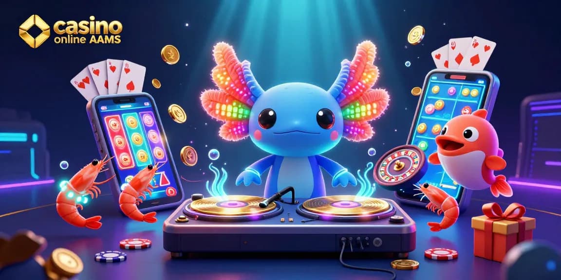 Gioca in un casino online non AAMS con il DJ axolotl mentre gira dischi d'oro e pesa monete dorate.