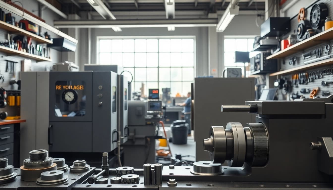 Custom part manufacturer workspace showcasing CNC machines and precision tools in a professional setting.