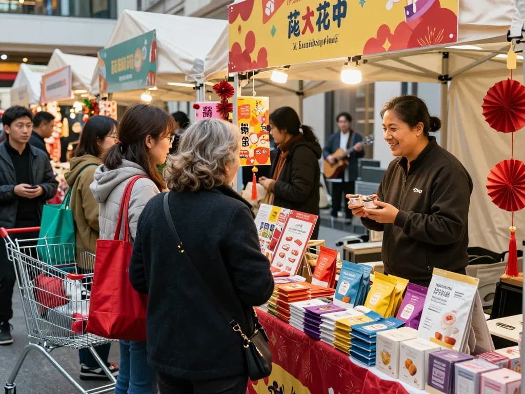 Link Hubet88 vibrant e-commerce shopping scene at a festive market.