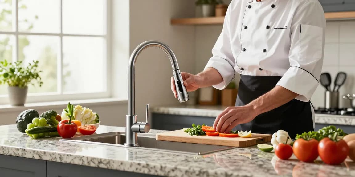 Modern kitchen faucets in action, showcasing a chef using a stylish pull-down faucet while preparing fresh ingredients.