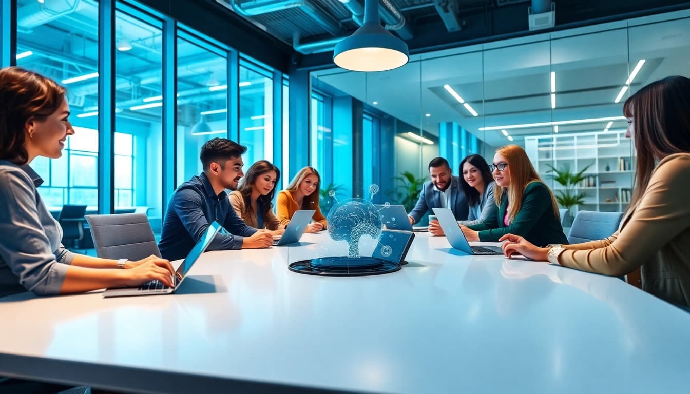 Engaging assistant for enterprise helping a diverse team in a modern office setting.