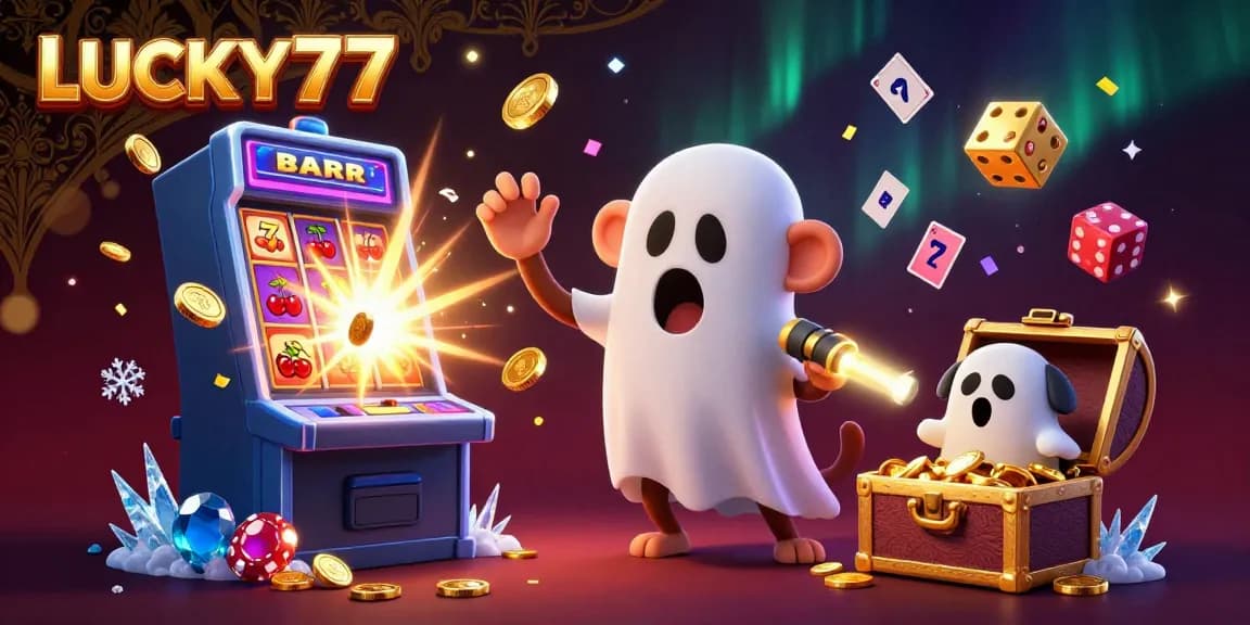 Engage with LUCKY77 in a vibrant 3D casino scene, featuring a playful monkey and ghost-hunter puppy amid sparkling elements.