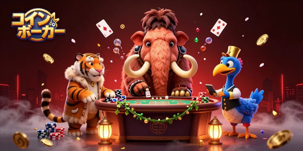 コインポーカーのポーカーテーブルで活気にあふれたシーンを演出するイラスト