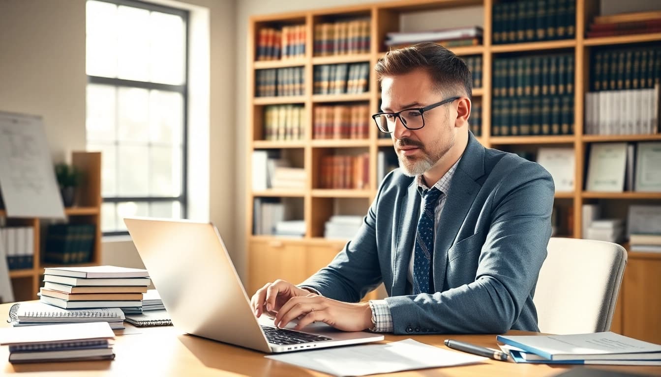 Consultant analyzing Federal and State contracts and grants in a professional office setting.