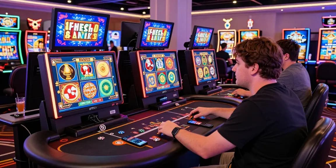Engaged player exploring bonus buy slots at https://ampika.co.uk/ in a vibrant casino atmosphere with dynamic graphics and neon lights.