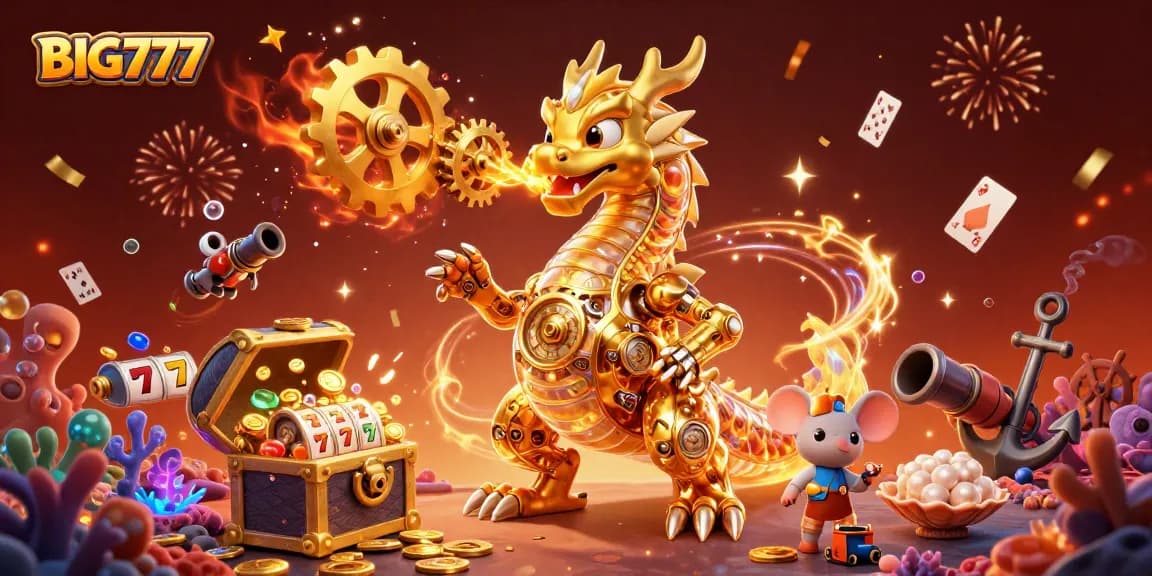 Menangkan permainan slot BIG777 dengan ilustrasi naga emas mekanis dan harta karun bawah laut.