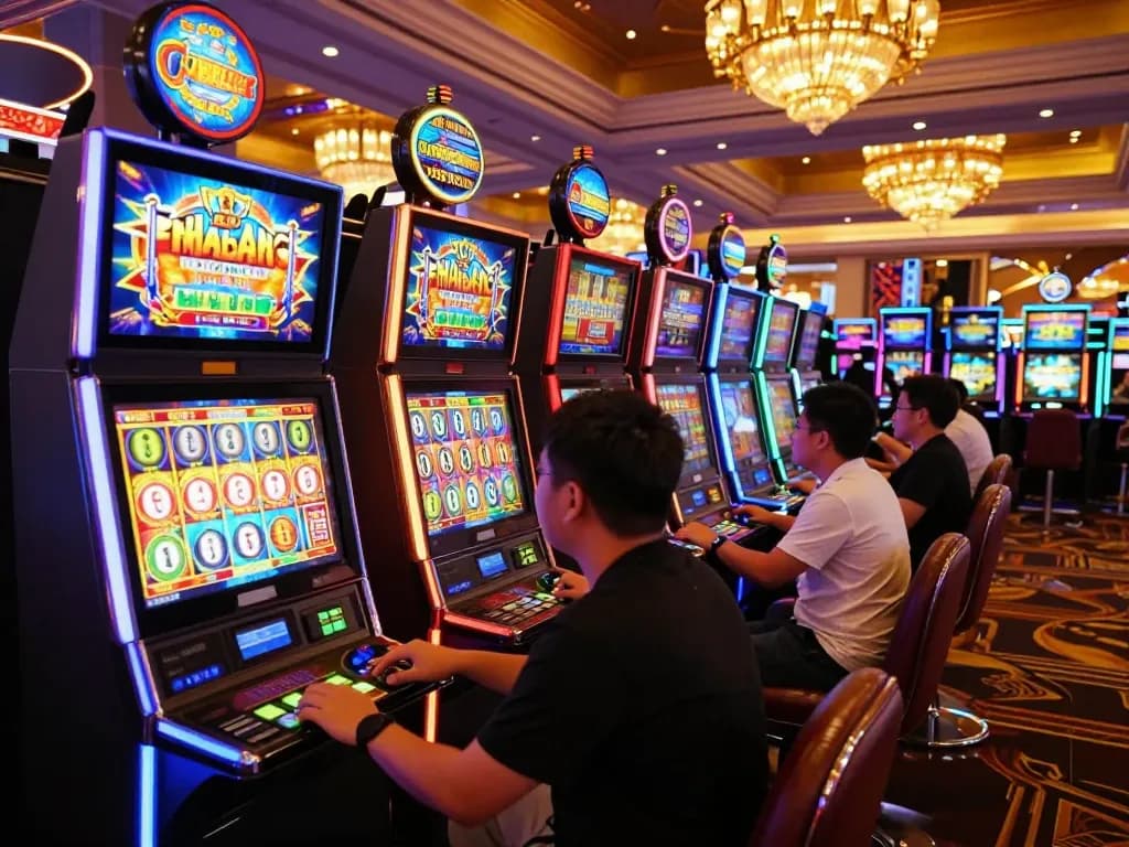 Engaging players experience vibrant slot thailand action amidst colorful machines in a lively casino.
