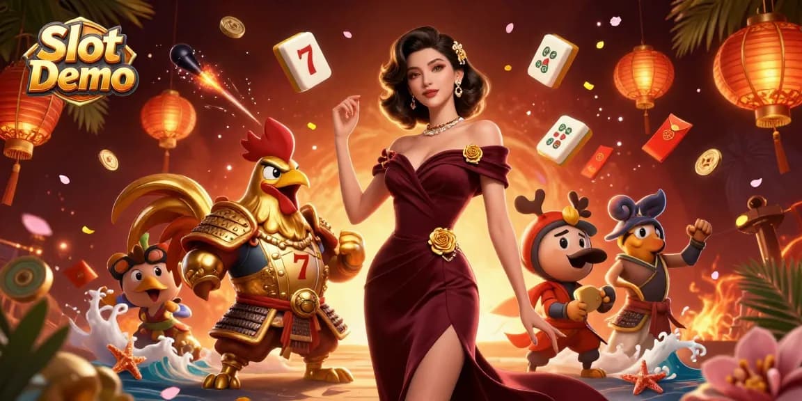 Engage with Slot Demo featuring a glamorous woman and a golden rooster warrior in a vibrant casino scene.
